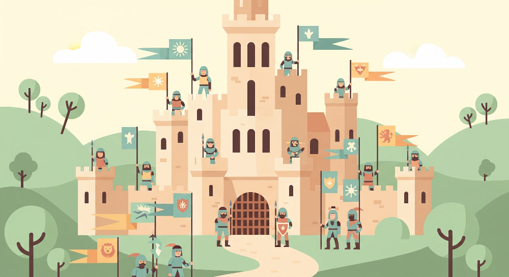 Kids-Mundo flat artwork of a medieval castle with knights holding colourful banners