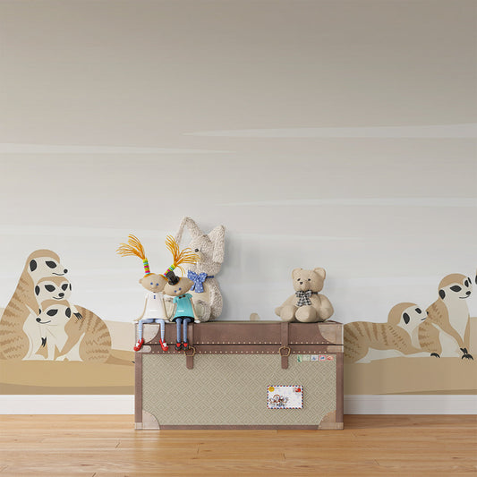 Kids-Mundo meerkat family dune mural covering a feature wall in a kids' bedroom