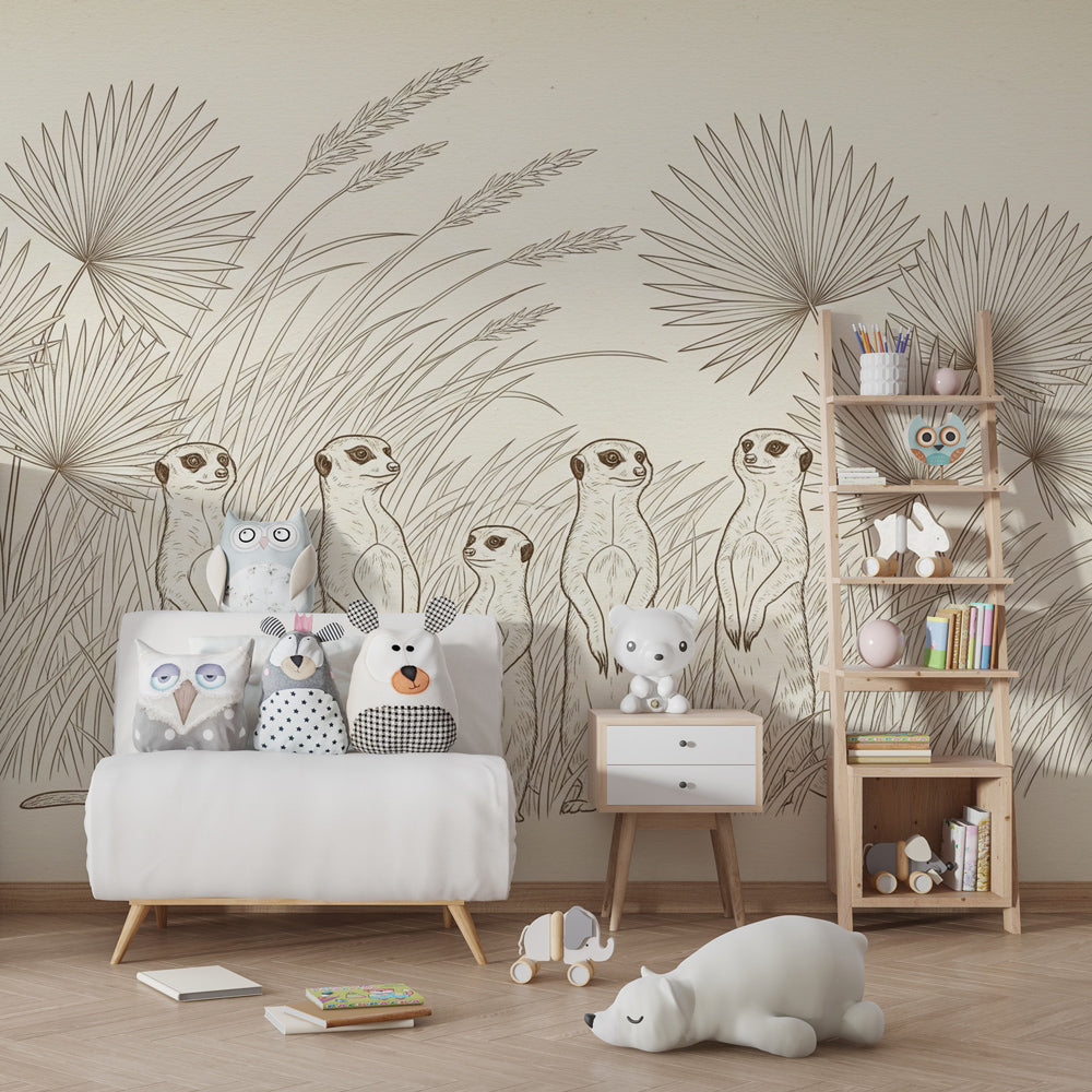 Curious meerkat wallpaper creating safari-themed children's bedroom with soft neutral tones
