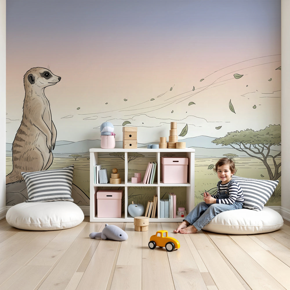Meerkat safari mural wallpaper creating African savanna atmosphere in modern kids bedroom by Kids-Mundo