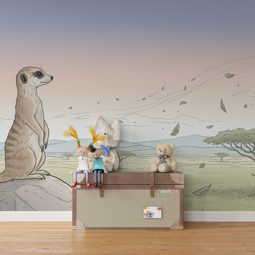 African savanna mural wallpaper with meerkat design for peaceful nursery decor by Kids-Mundo