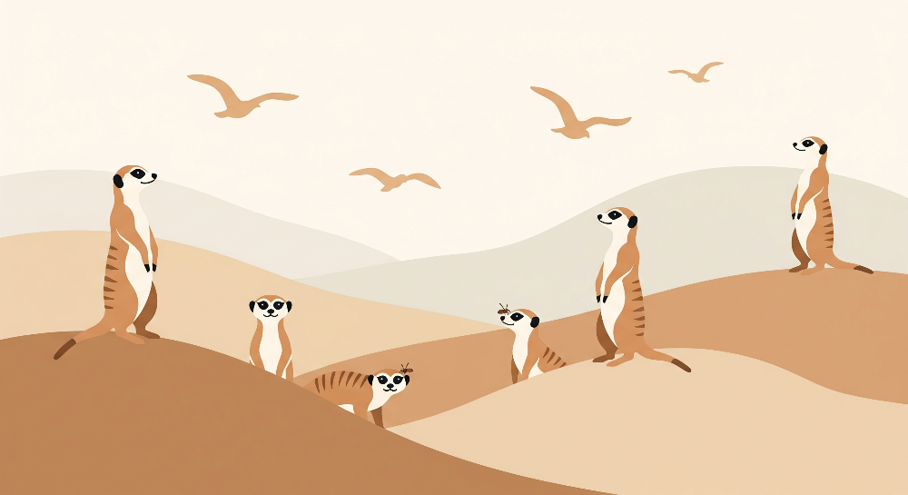 Meerkat Family Watching Birds Over Golden Dunes Wall Mural