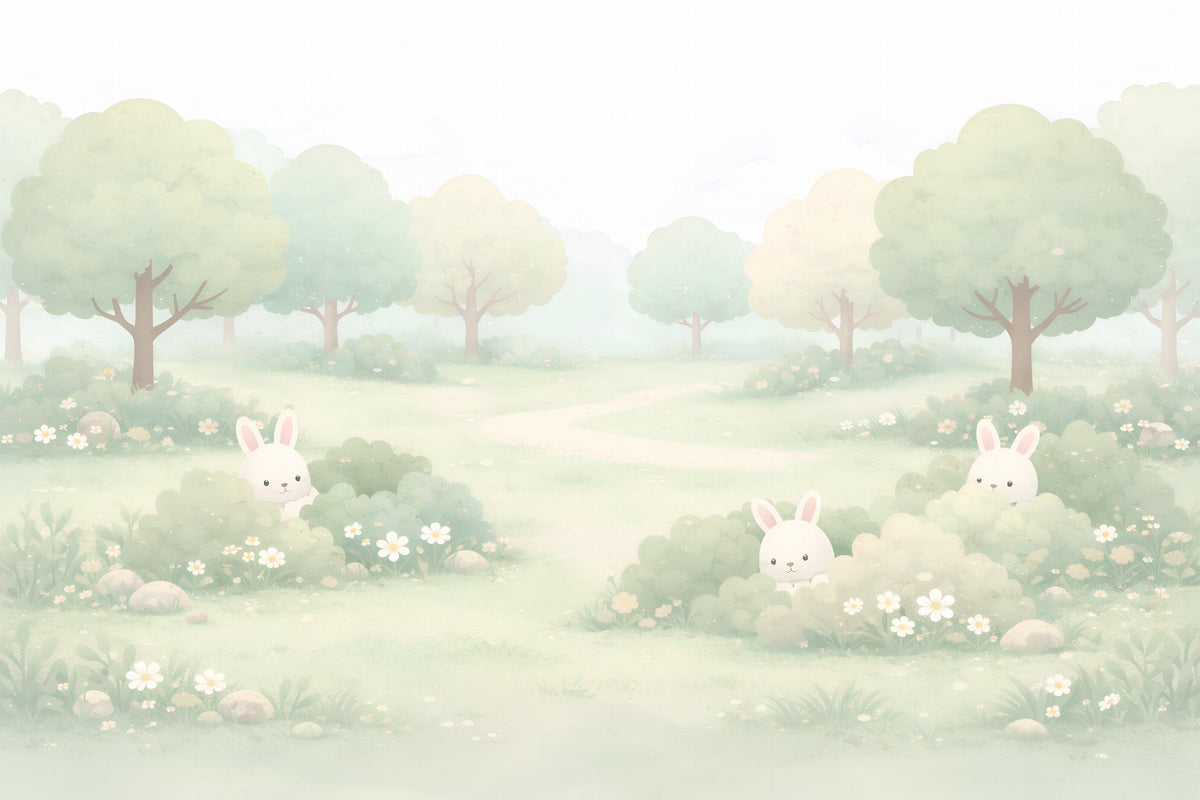 Bunnies Peeking Through a Misty Green Forest Wall Mural