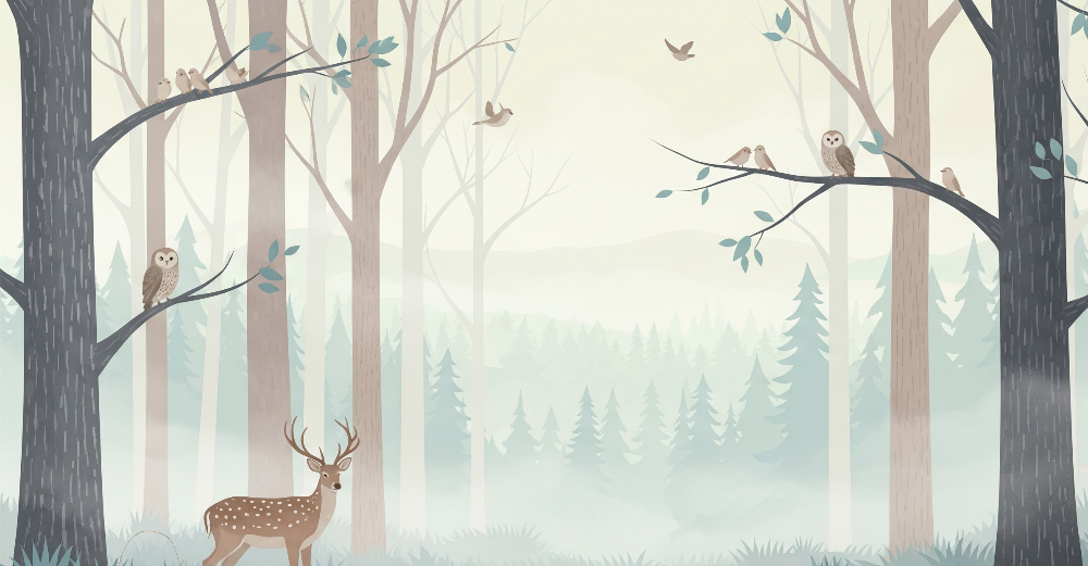 Misty Enchanted Forest with Deer and Owls Wall Mural