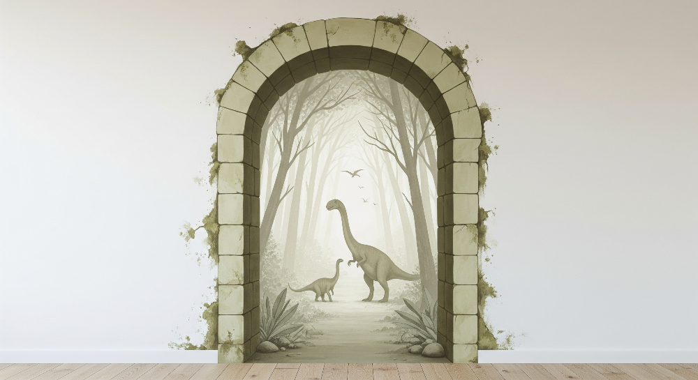 Kids-Mundo flat artwork of a stone archway opening onto a misty prehistoric dinosaur forest