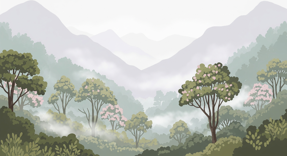 Misty Green Forest Valley Wall Mural