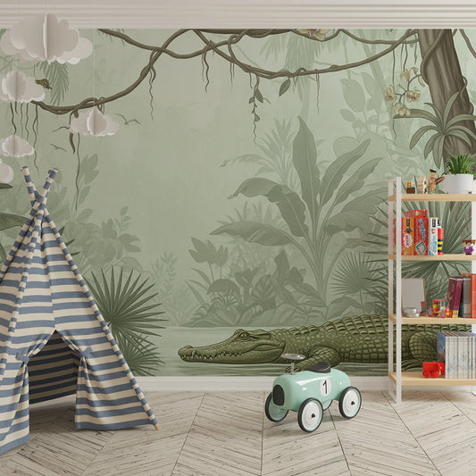 Kids-Mundo crocodile jungle mural styled on a soothing kids bedroom wall in sage green.