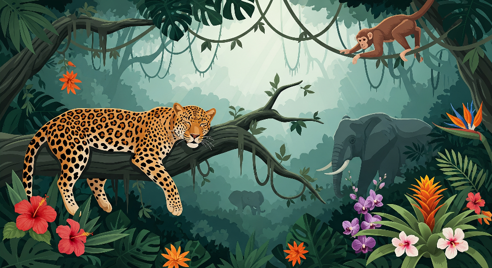 Kids-Mundo painterly artwork of a leopard, monkey and elephant in a misty jungle scene