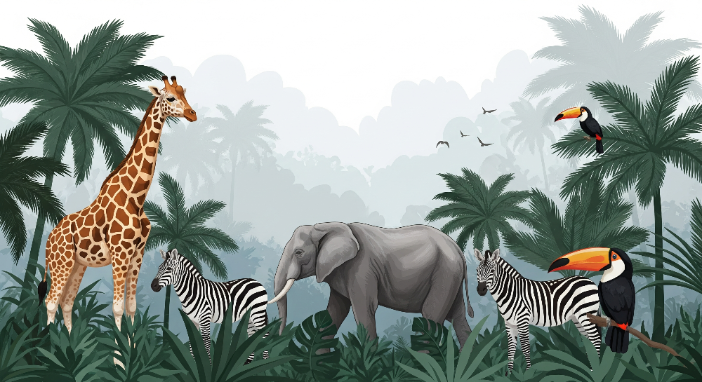 Misty Jungle Safari Animals Wall Mural