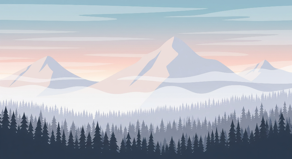 Flat artwork preview of the Kids-Mundo mountain and misty forest wall mural in soft dawn tones
