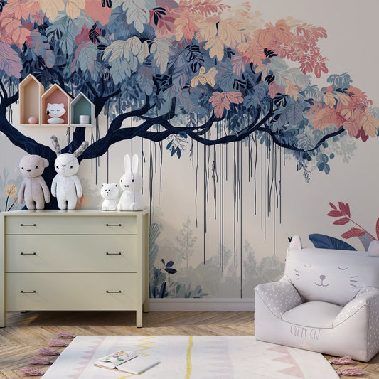 Kids-Mundo misty pastel jungle tree wall mural featured behind a bed in a dreamy kids bedroom.
