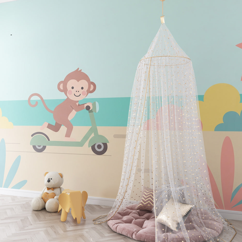 Coastal monkey scooter wallpaper creating tropical atmosphere in kids bedroom