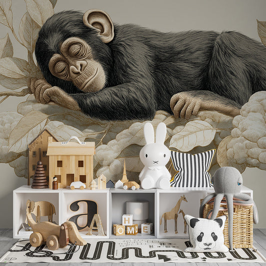 Kids-Mundo baby monkey on a cloud of leaves mural covering a kids bedroom wall