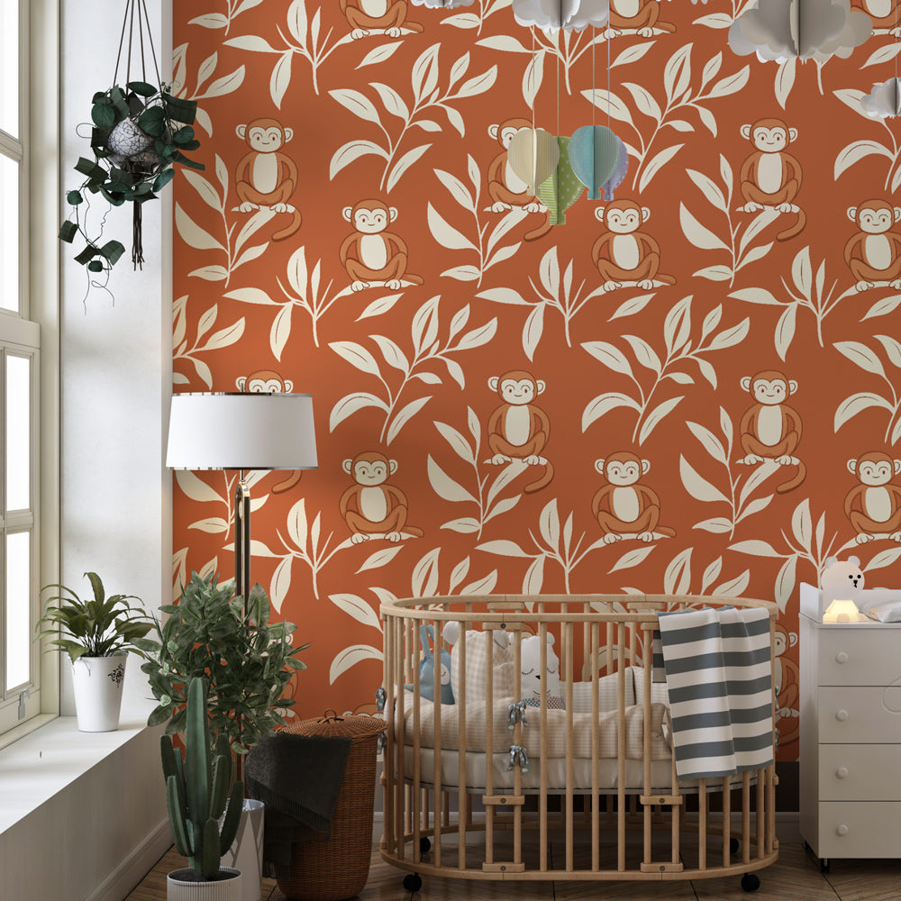 Jungle animal wallpaper with playful monkeys in modern kids bedroom setting
