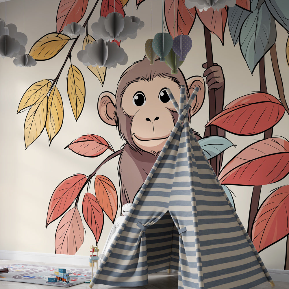 Monkey among autumn leaves wallpaper in modern baby bedroom setting by Kids-Mundo