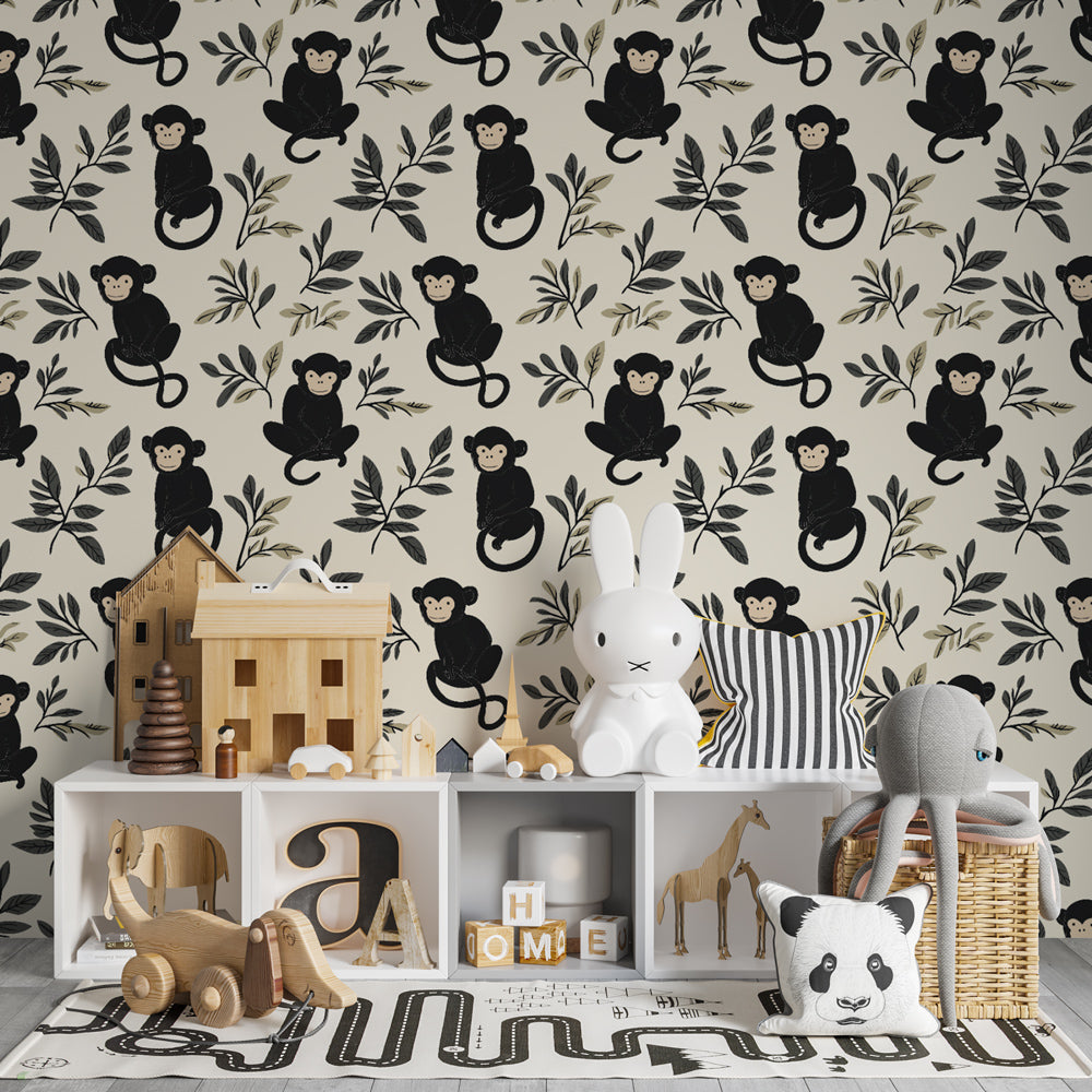 Tropical monkey wallpaper creating adventurous atmosphere in bright children's playroom decor
