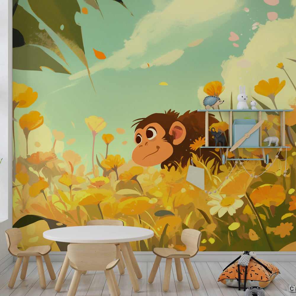 Colorful monkey flower field wallpaper creating joyful atmosphere in kids bedroom decor