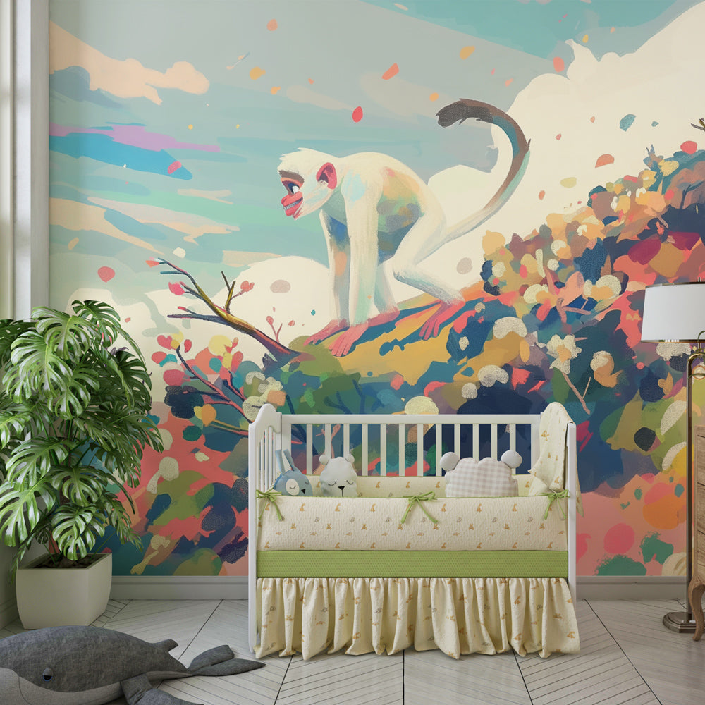 Safari monkey wallpaper with vibrant florals decorating cozy children's bedroom interior