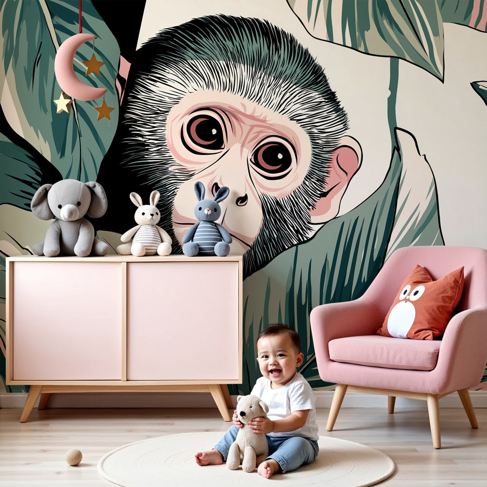 Curious monkey mural wallpaper creating tropical jungle atmosphere in modern kids nursery by Kids-Mundo