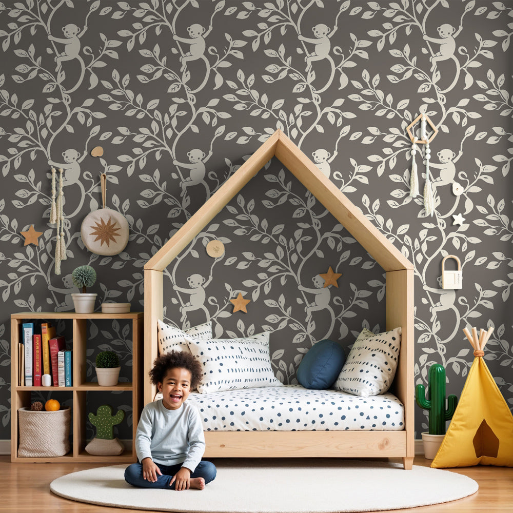 Playful monkey mural wallpaper creating jungle adventure theme in modern nursery by Kids-Mundo