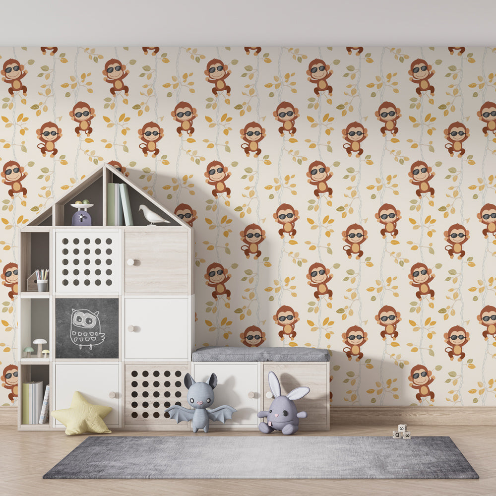 Monkey wallpaper in children's bedroom showing soft beige tones and charming animal characters