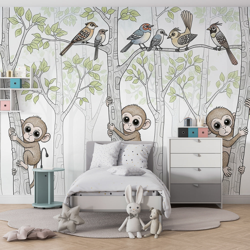 Jungle themed monkey wallpaper creating adventurous atmosphere in children's bedroom