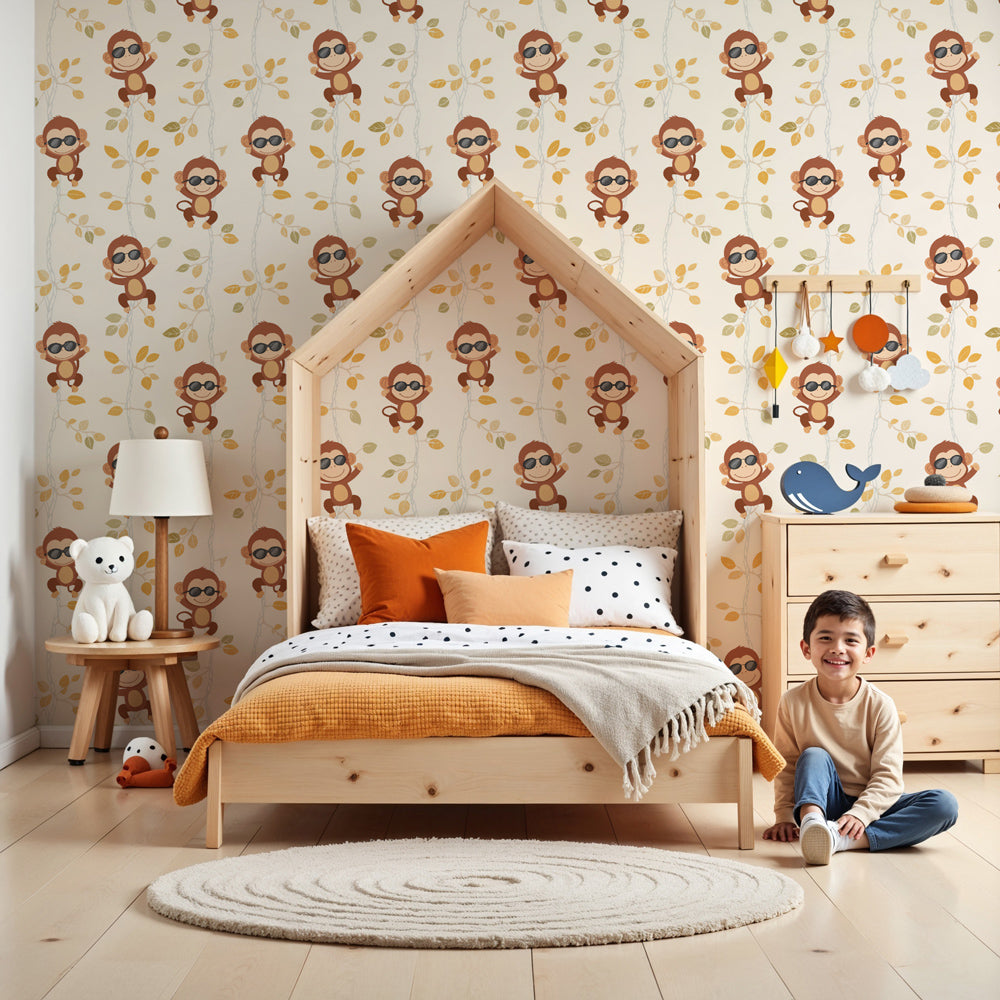 Playful monkey mural wallpaper with sunglasses creating whimsical nursery decor by Kids-Mundo