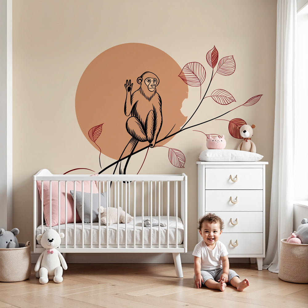 Playful monkey mural wallpaper in bright nursery room setting by Kids-Mundo