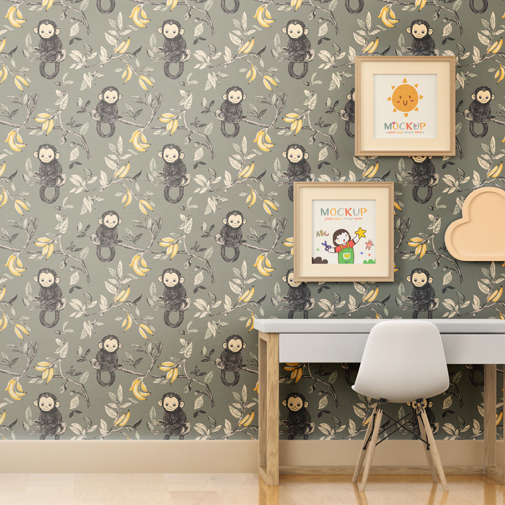Jungle monkey wallpaper creating playful safari atmosphere in kids bedroom