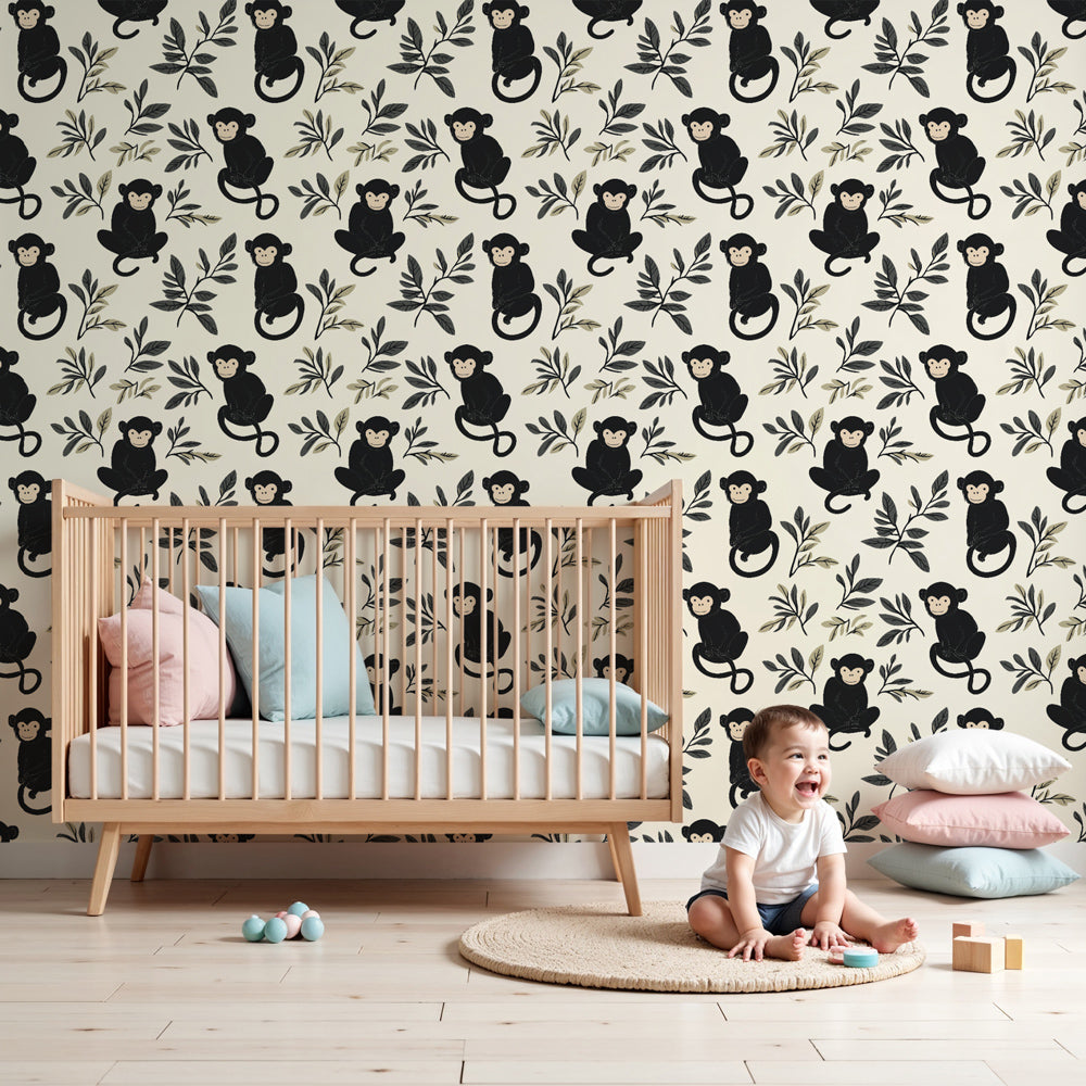 Playful monkey mural wallpaper transforming modern kids bedroom with tropical foliage by Kids-Mundo