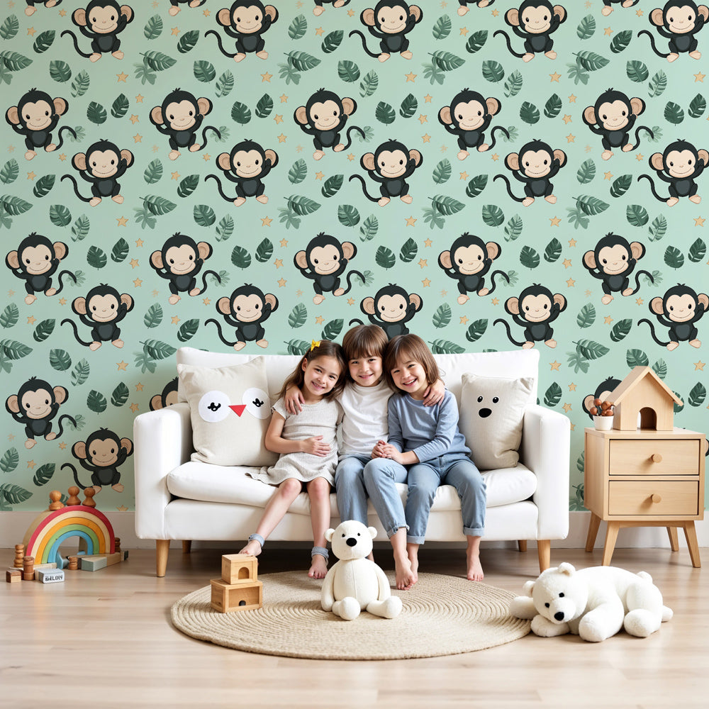 Tropical monkey mural wallpaper creating playful jungle atmosphere in modern kids nursery by Kids-Mundo