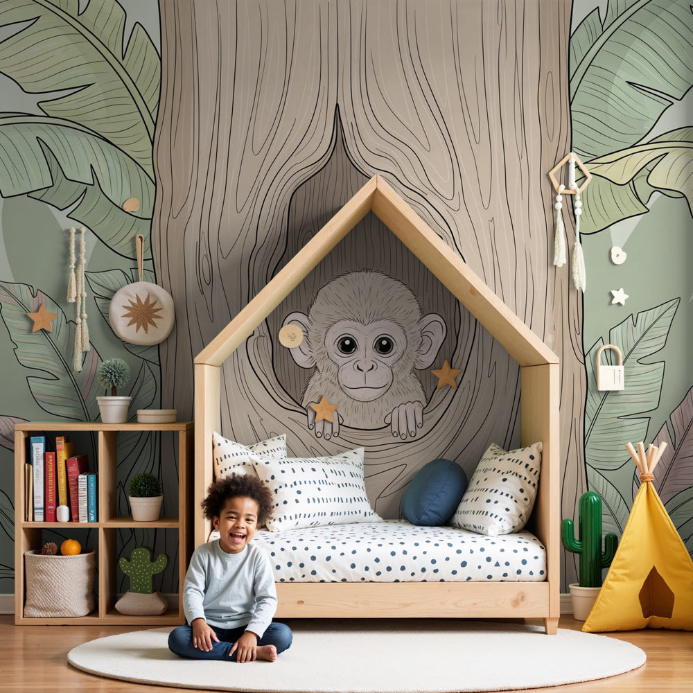 Curious monkey tree mural wallpaper creating jungle-themed nursery decor by Kids-Mundo