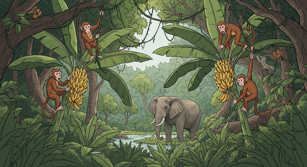 Playful Monkeys and Elephant Jungle Wall Mural