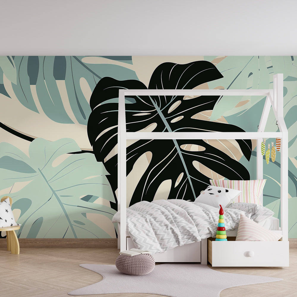 Tropical botanical wallpaper creating calming kids bedroom decor with green monstera leaves