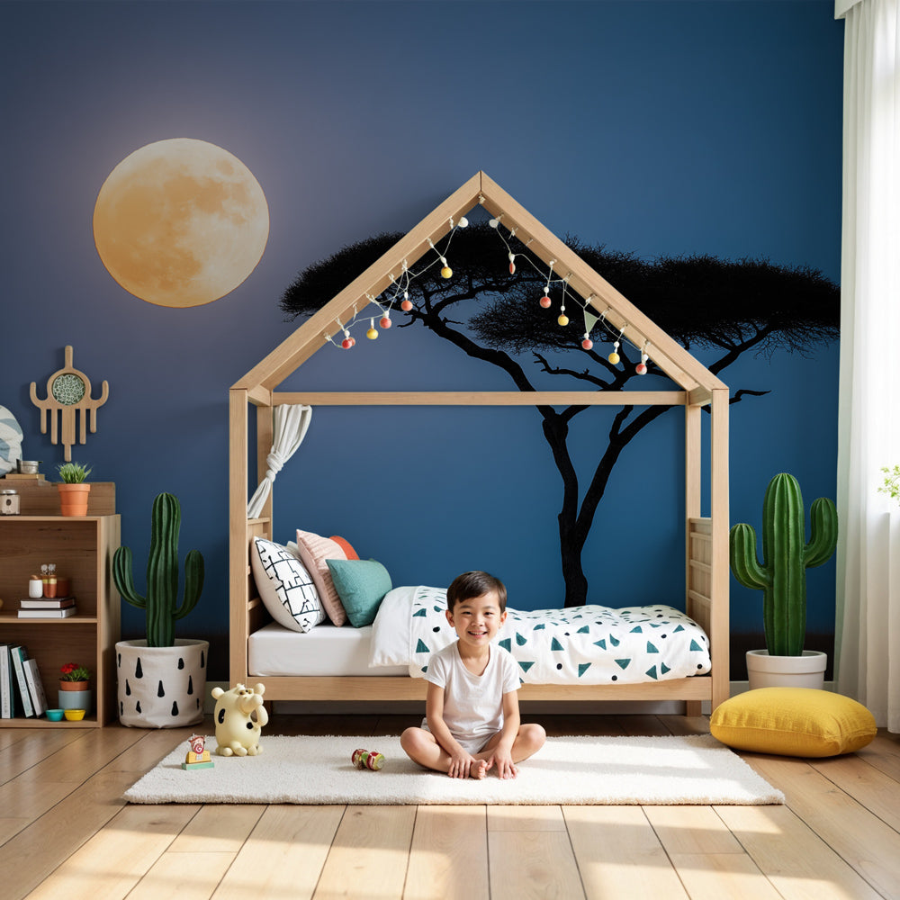 Moon acacia mural wallpaper creating mystical African night atmosphere in modern nursery by Kids-Mundo
