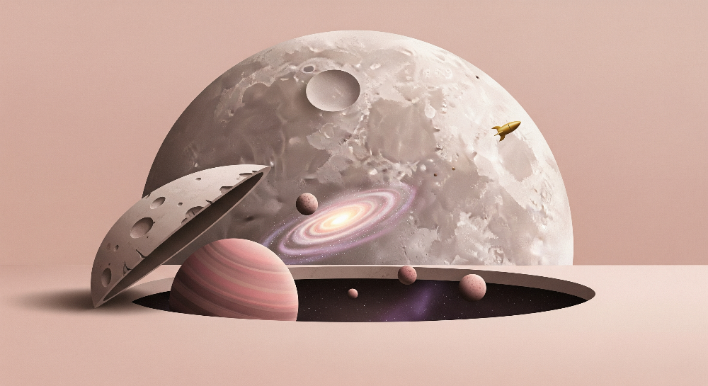 Kids-Mundo flat artwork preview of the moon hatch galaxy and rocket wall mural design