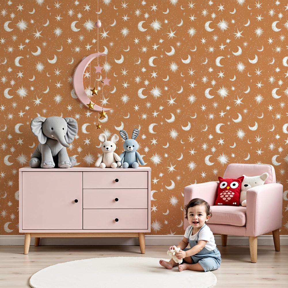 Moon and stars mural wallpaper creating dreamy celestial nursery decor by Kids-Mundo