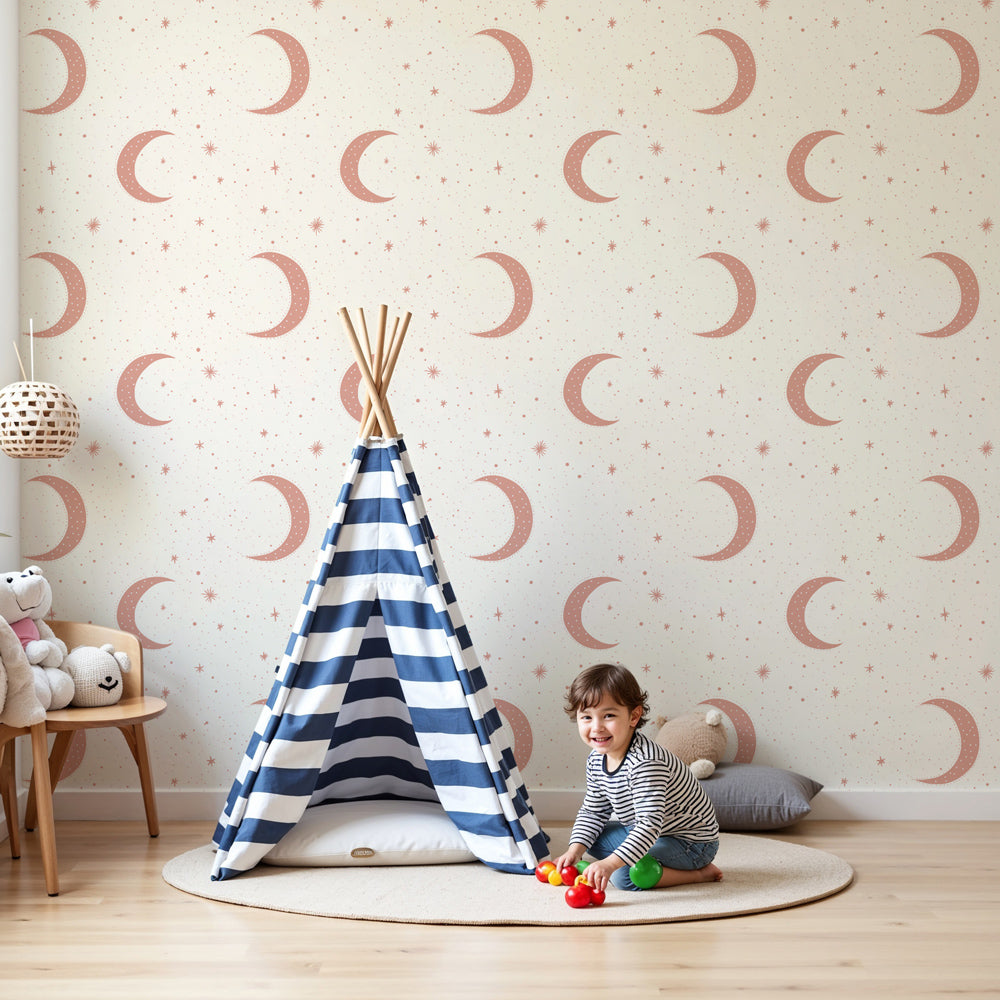 Moon stars mural wallpaper creating dreamy celestial nursery decor with pastel colors by Kids-Mundo