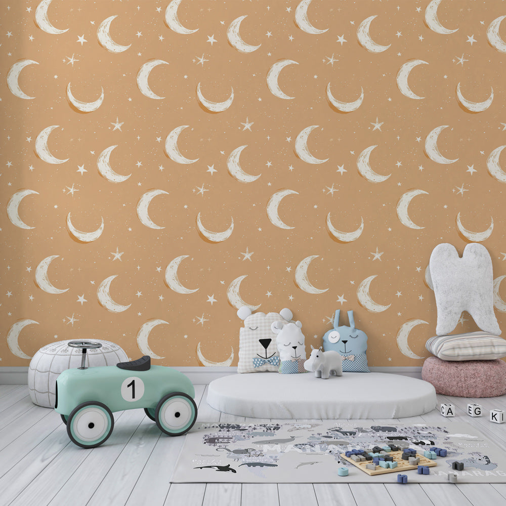 Celestial moon stars wallpaper decorating modern toddler bedroom with dreamy night sky theme