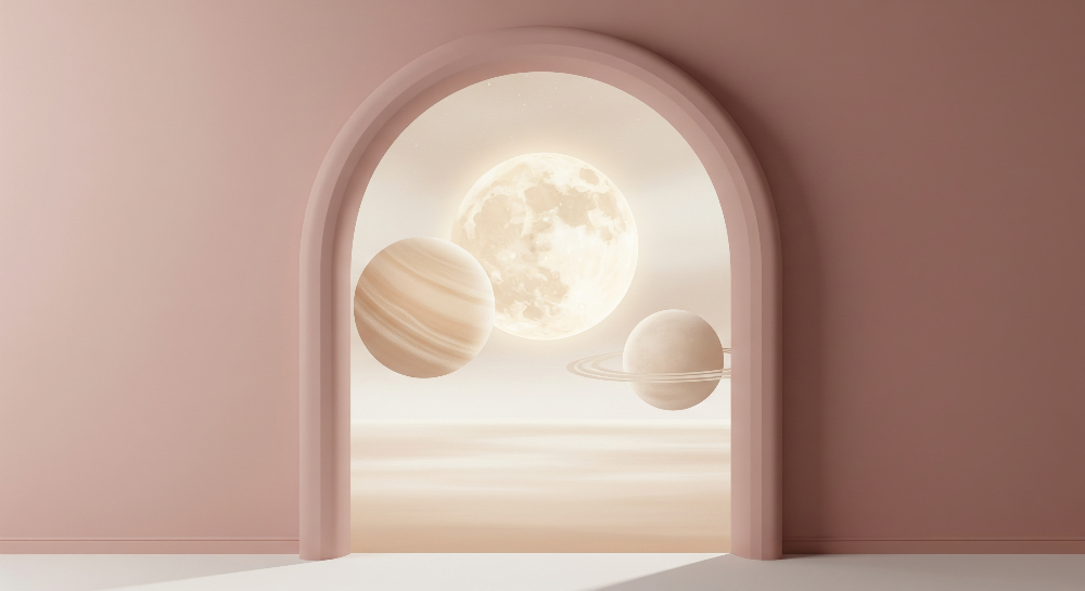 Kids-Mundo flat artwork of a pink archway framing a glowing moon and two ringed planets