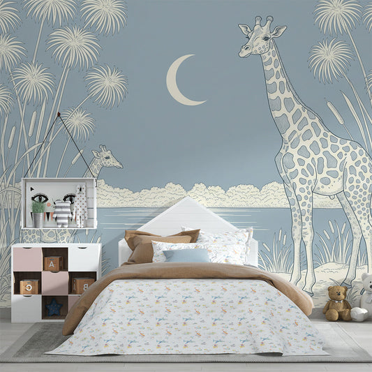 Kids-Mundo moonlit lake giraffe mural on a calm feature wall in a children's bedroom