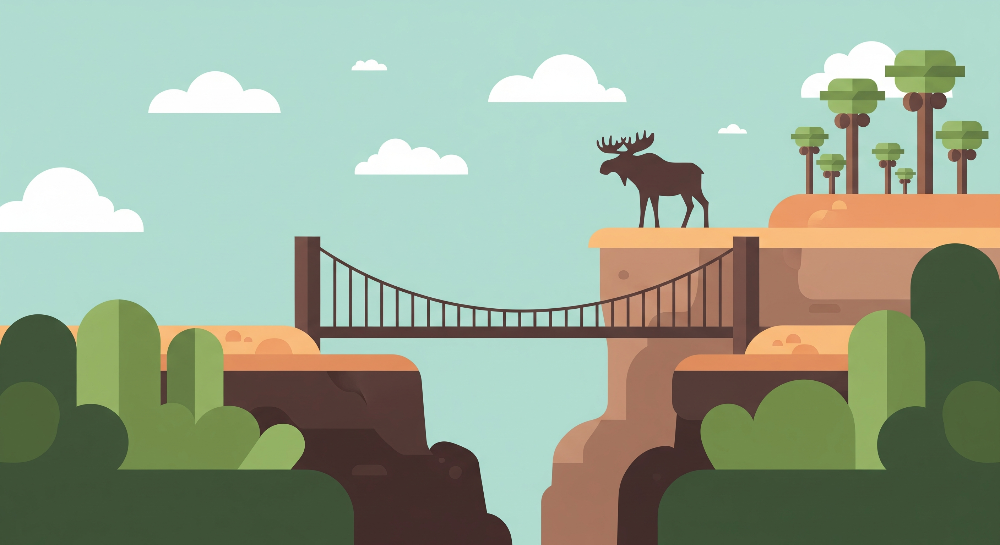 Kids-Mundo flat artwork of a moose standing above a canyon and suspension bridge