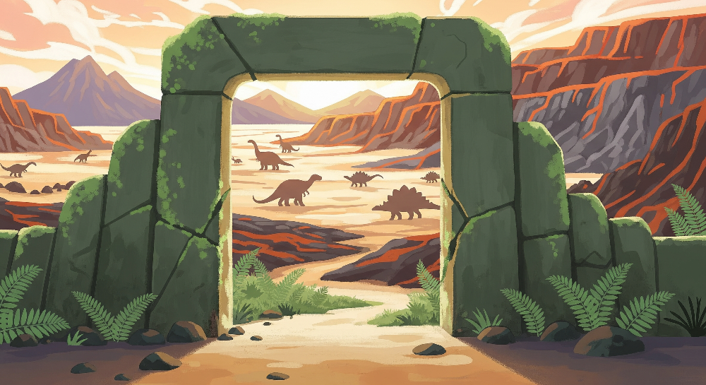 Kids-Mundo flat artwork of the mossy stone portal canyon dinosaur herd mural design