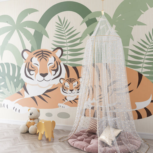Kids-Mundo tiger and cub jungle wall mural covering a feature wall in a kids bedroom.