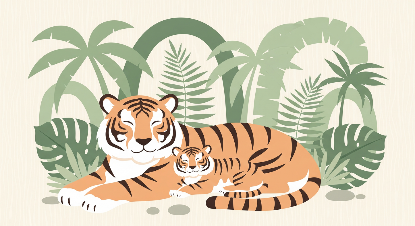 Kids-Mundo flat artwork of a mother and baby tiger wall mural design among jungle palms.