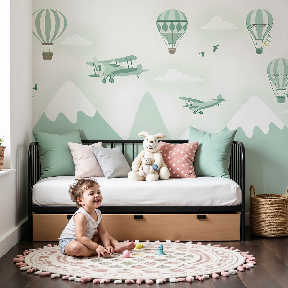 Mountain aviation mural wallpaper with hot air balloons in modern nursery by Kids-Mundo