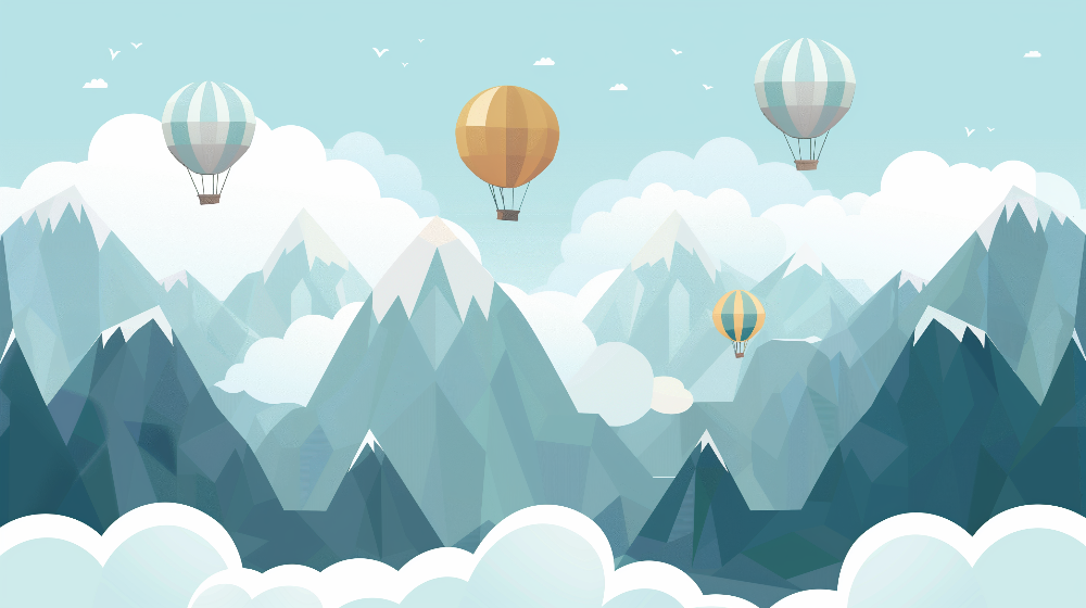 Kids-Mundo flat-illustration artwork of mountains and hot air balloons used for this made-to-measure wall mural.