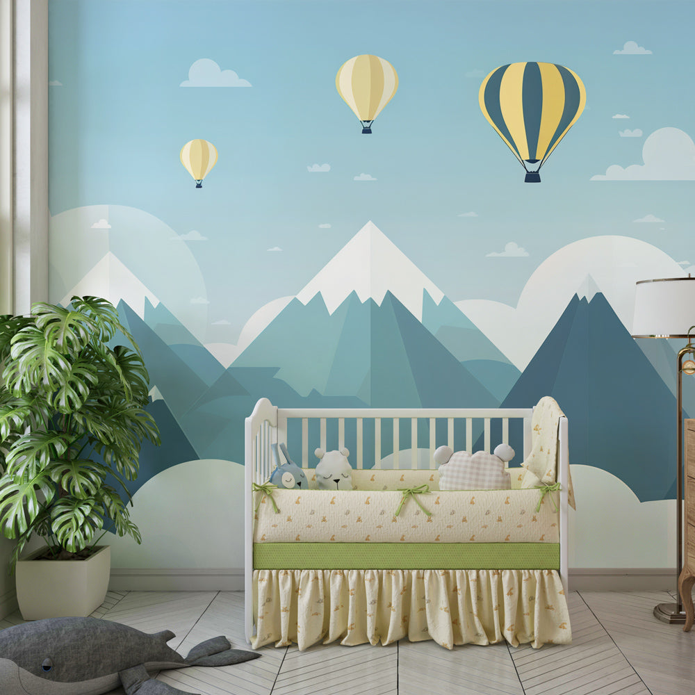 Blue sky adventure wallpaper creating dreamy children's bedroom atmosphere
