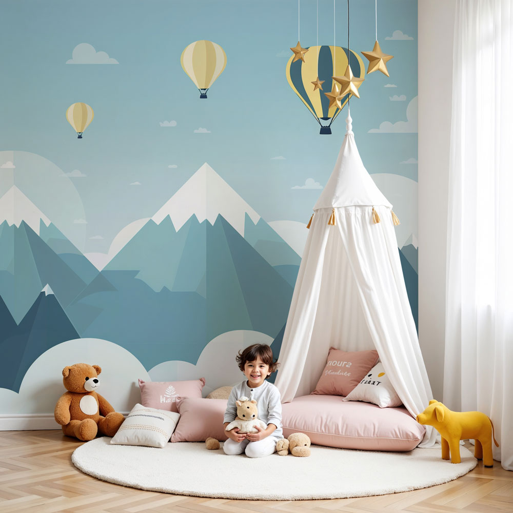 Mountain hot air balloon mural wallpaper in blue nursery room by Kids-Mundo