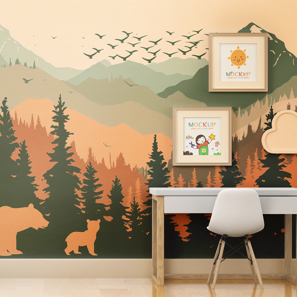 Forest adventure mural wallpaper creating magical kids bedroom with bears and mountain landscape